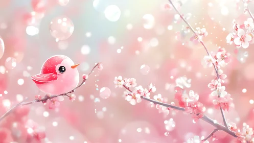Rosy-Cheeked Songbird Perches Among Cherry Blossoms in Springtime