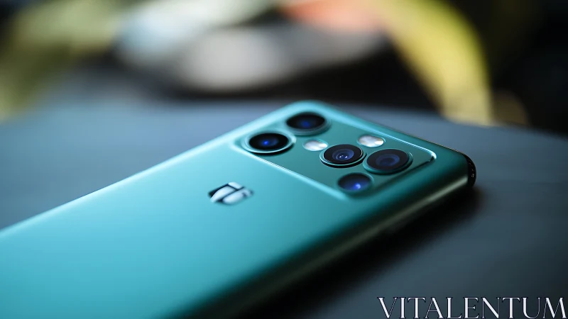 Green smartphone with quad rear camera on soft surface.