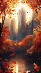 Autumn city skyline framed by vivid orange forest foliage.