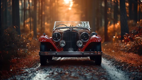 Vintage red convertible stands on forest road at sunset light