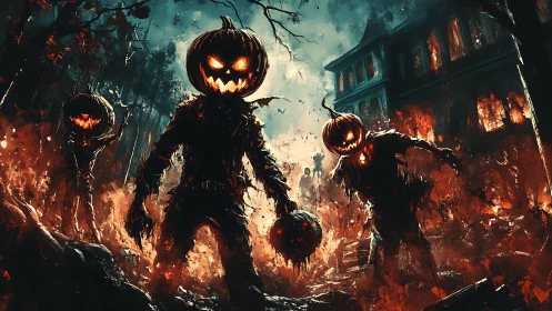 Pumpkin-headed revenants advance through a burning haunted estate