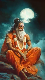 Moonlit ascetic in orange robes rendered with high-detail digital shading