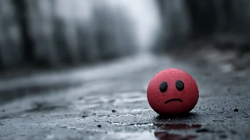 Sad red smiley ball rests alone on wet blurred roadway