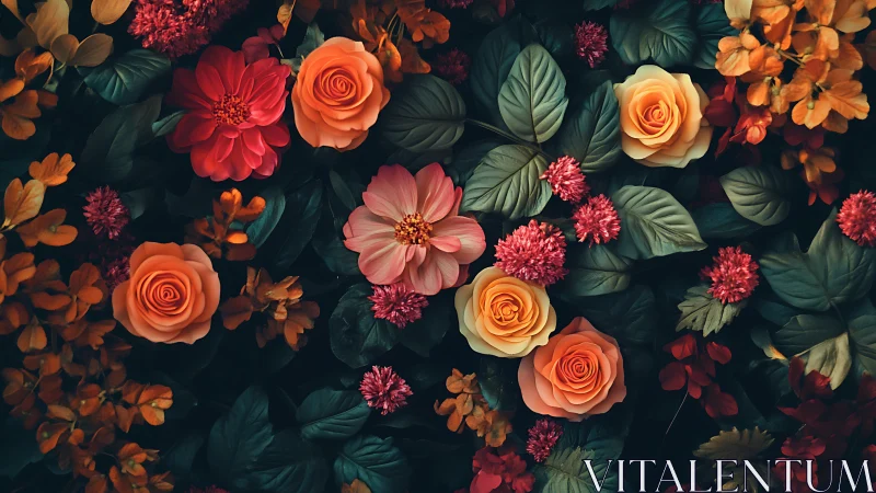 Lush floral arrangement in warm and jewel tones.