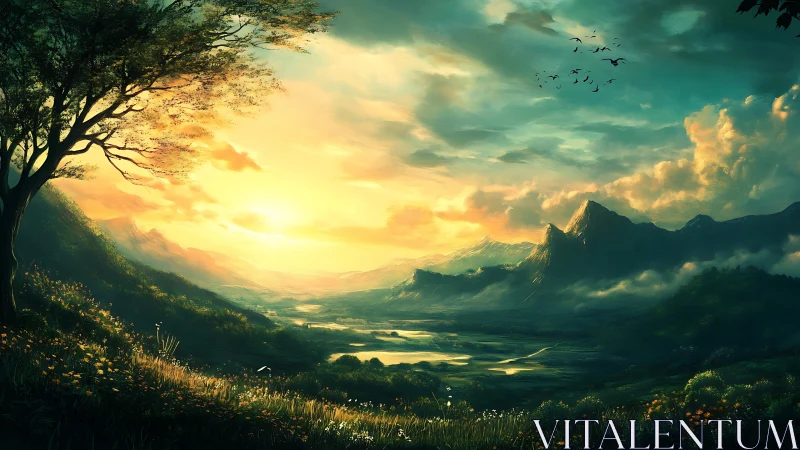 Sunlit valley dreaming beneath emerald mountains at dawn.