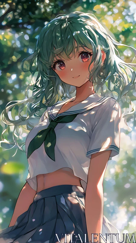 Green haired anime girl in cropped sailor uniform outdoors.