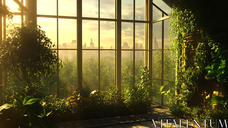 Sunlit indoor garden overlooking distant city skyline.