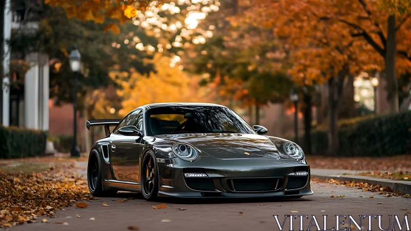 Sports coupe on tree-lined street in autumn foliage.