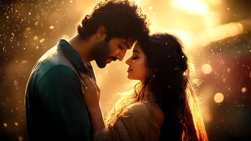 Intimate couple portrait with cinematic golden hour backlighting and particle effects