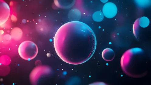 Vibrant abstract floating bubbles in neon pink and blue digital art.