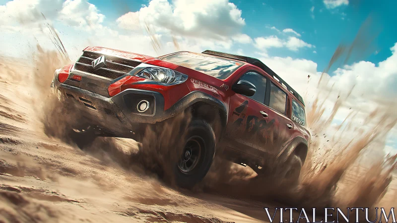 Off-road SUV drifts through desert sand with dynamic motion blur