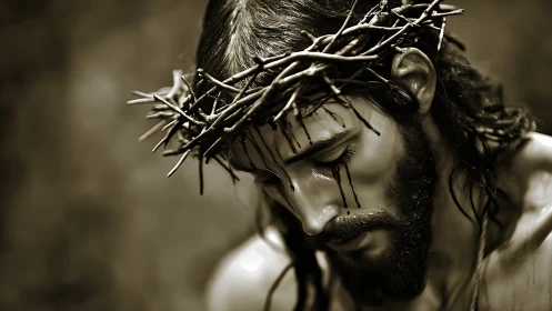 Crowned male figure with thorns in monochrome profile view.