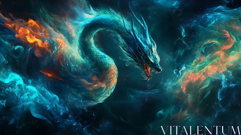 Celestial serpent of fire and ice coils through cosmic storm