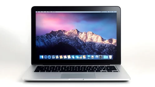 Silver laptop computer with mountain desktop wallpaper.