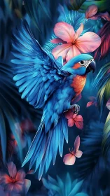Tropical sapphire macaw soaring through neon jungle blooms.