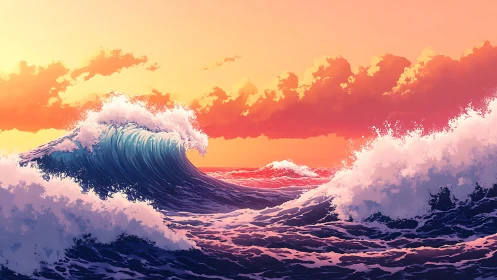 Ocean waves under vivid sunset sky in stylized seascape.