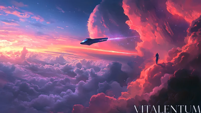 Futuristic spacecraft crossing vivid cosmic cloudscape.