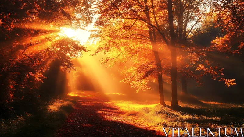 Golden morning light warming a quiet autumn forest path.