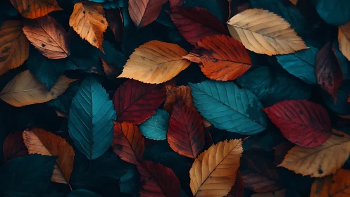 Deep autumn leaves rest in a calm carpet of rich color