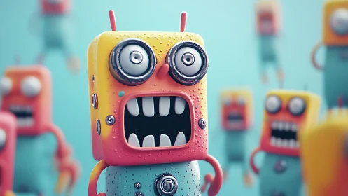 Colorful toy robots express comical shock in close view.