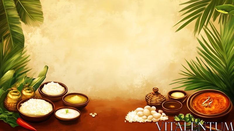 South Indian meal elements arranged around empty center space