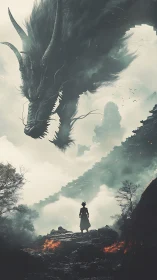 Storm-breath dragon looms above lone warrior on burning path.