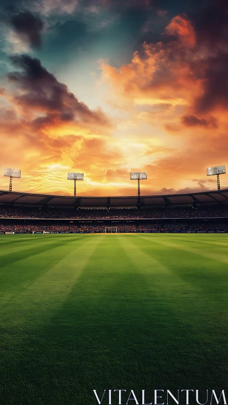 Illuminated football stadium pitch under stratified sunset sky.