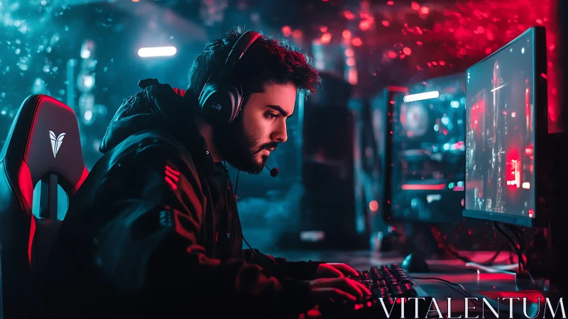 Esports PC gamer in RGB-lit arena using dual-monitor setup