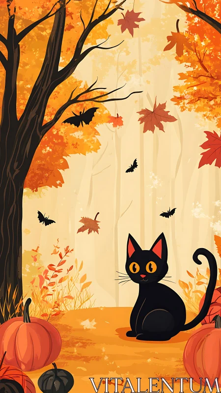 Autumn Halloween Scene with Black Cat Among Fall Foliage and Pumpkins
