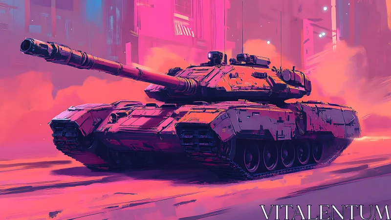 Futuristic battle tank in neon pink urban street scene.
