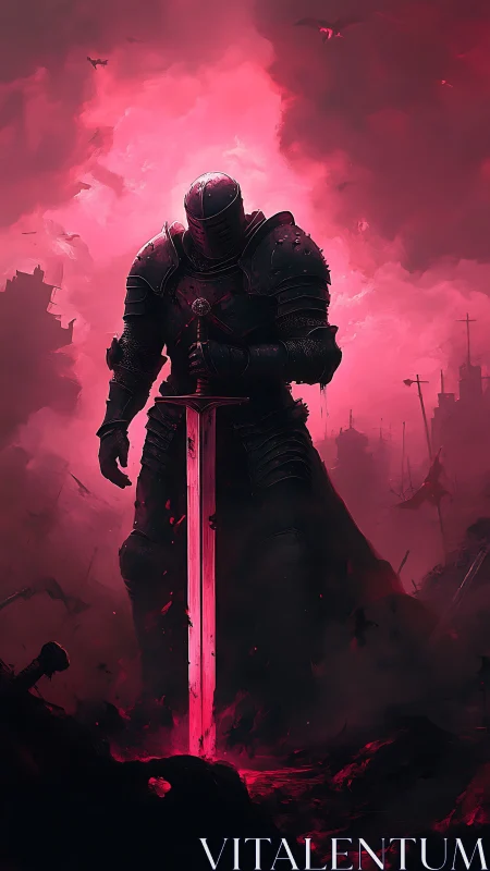 Crimson armored knight guarding a glowing sword in ruins.