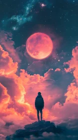 Stargazing wanderer meets a neon moon in blazing clouds