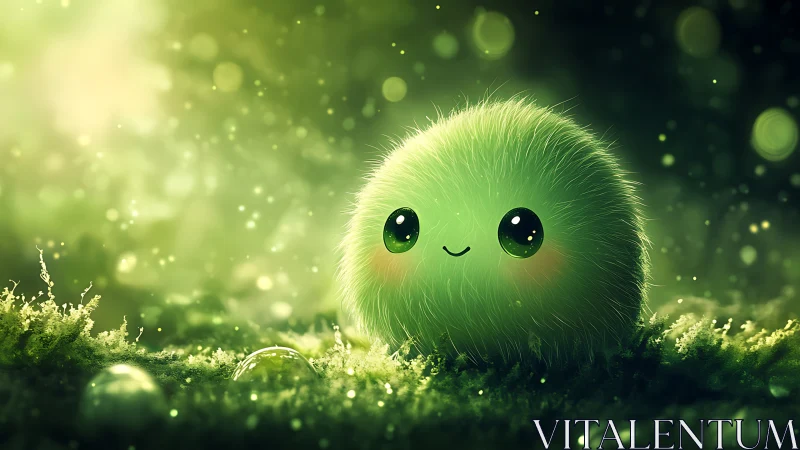 Bioluminescent moss puff creature in luminous macro habitat.