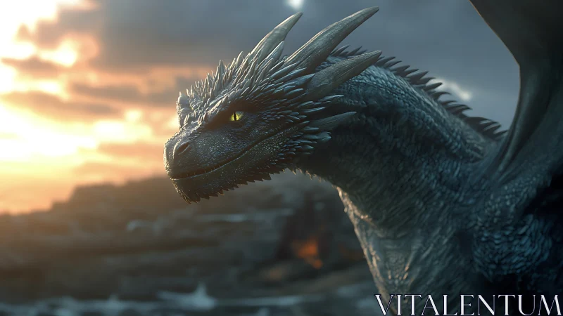 3D cinematic dragon profile with sunset rim lighting staging.