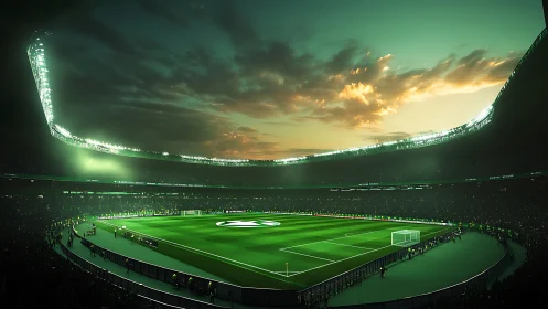 Stadium lights glow as a vibrant football arena awakens
