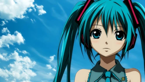 Blue haired anime girl under bright daytime sky.