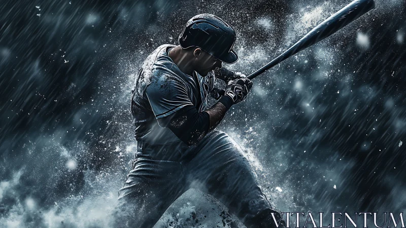 Baseball batter swinging bat in heavy rain, side profile.
