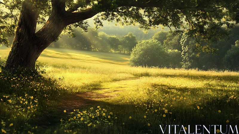 Golden meadow path glows softly beneath a sheltering oak