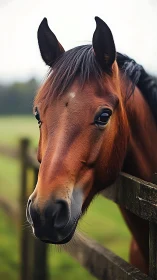 Chestnut horse head close-up beside weathered pasture fence.