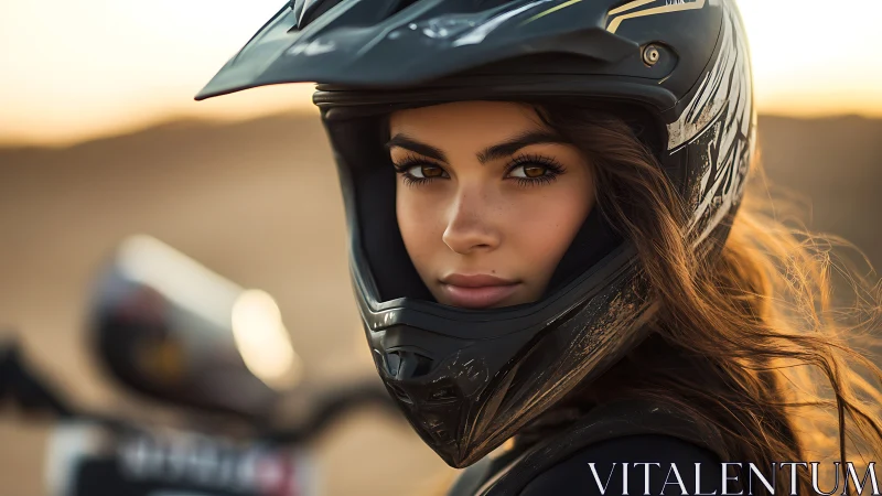 Motocross rider portrait captures focused desert sunset gaze