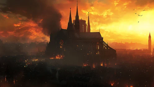 Gothic cathedral engulfed by flames at burning sunset skyline.