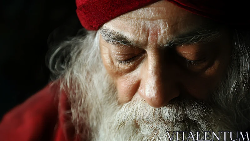 Quietly closed eyes rest on a face lined with gentle years