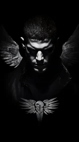 Winged dark portrait with high-contrast chiaroscuro lighting.