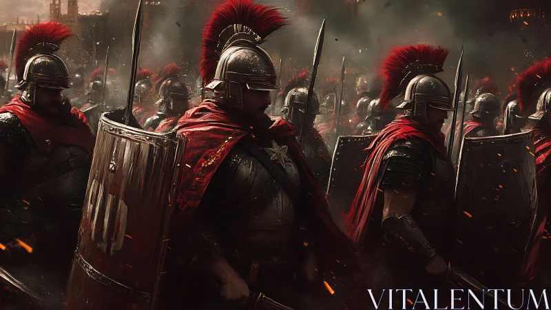 Roman legionaries advance through smoke and fire in formation.