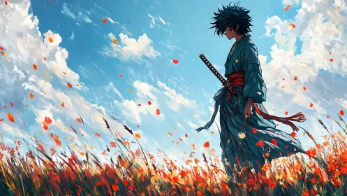 Samurai silhouette traverses wind-swept poppy field under dynamic sky