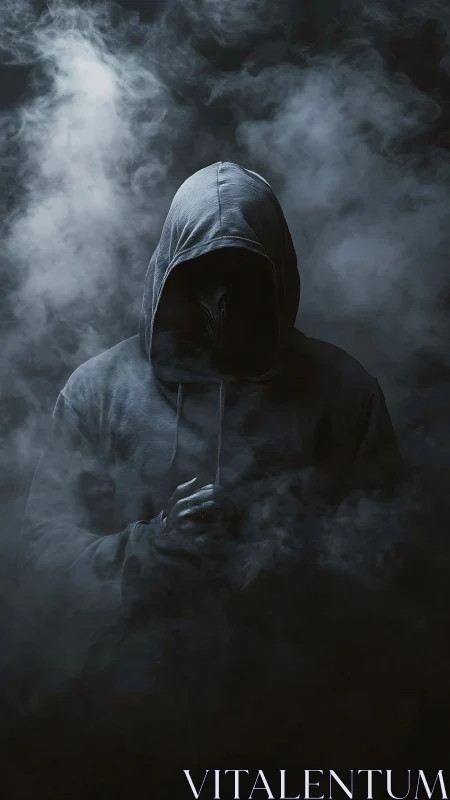 Hooded faceless figure surrounded by dense swirling smoke.
