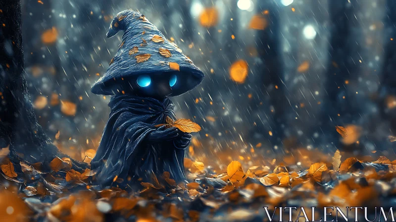 Glowing-eyed forest sprite cradles autumn in the rainstorm