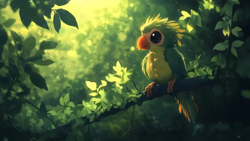 Cute cartoon parrot on leafy branch in glowing, whimsical forest.