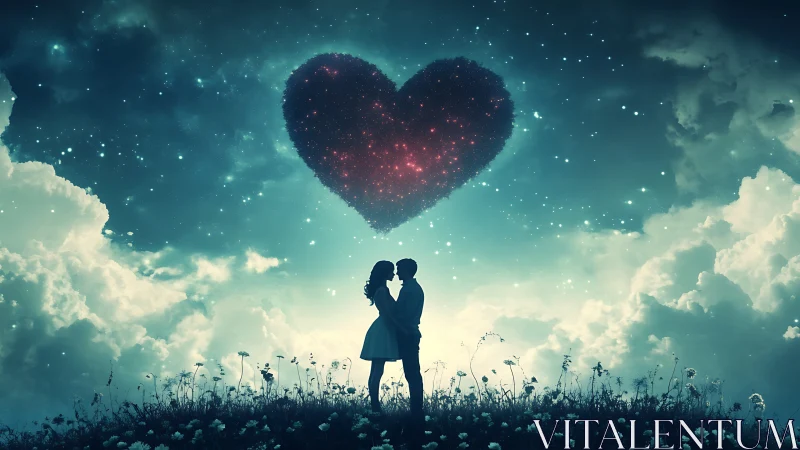 Couple beneath luminescent heart in starlit sky