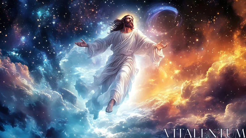 Jesus figure ascending through glowing cosmic clouds.